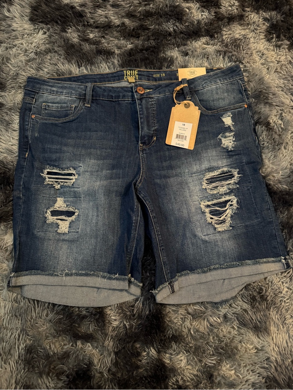 True Craft Dark Blue Distressed Denim Shorts